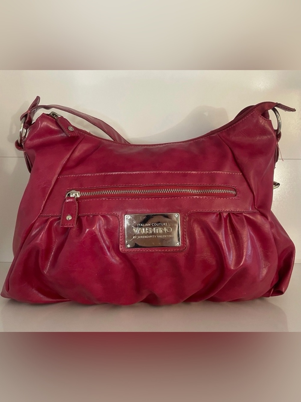 Valentino Pink Leather Ruched Shoulder Bag with Metal Logo Plaque